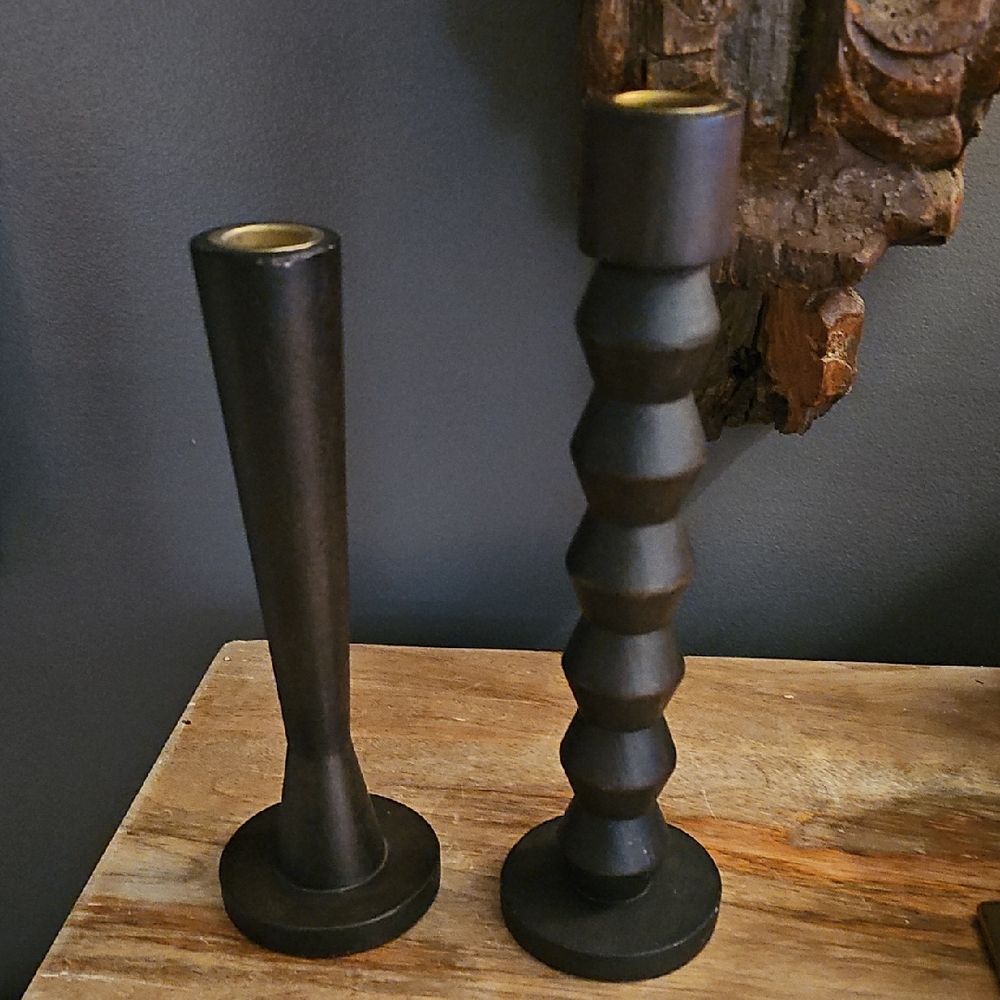 Set of Two Project 62 Geometric Mid Century Wood Candle Holders